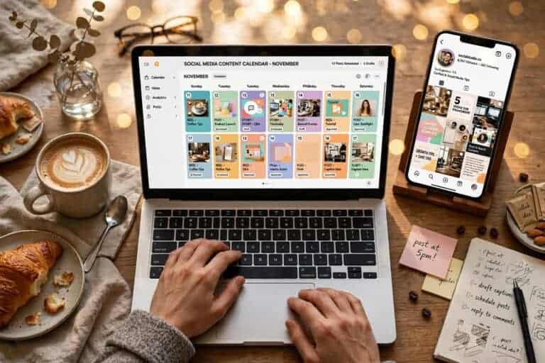 Person managing a social media content calendar on a laptop next to a phone showing an Instagram grid, representing an AI social media management side hustle