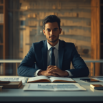 Professional at desk surrounded by books and documents in warm library setting