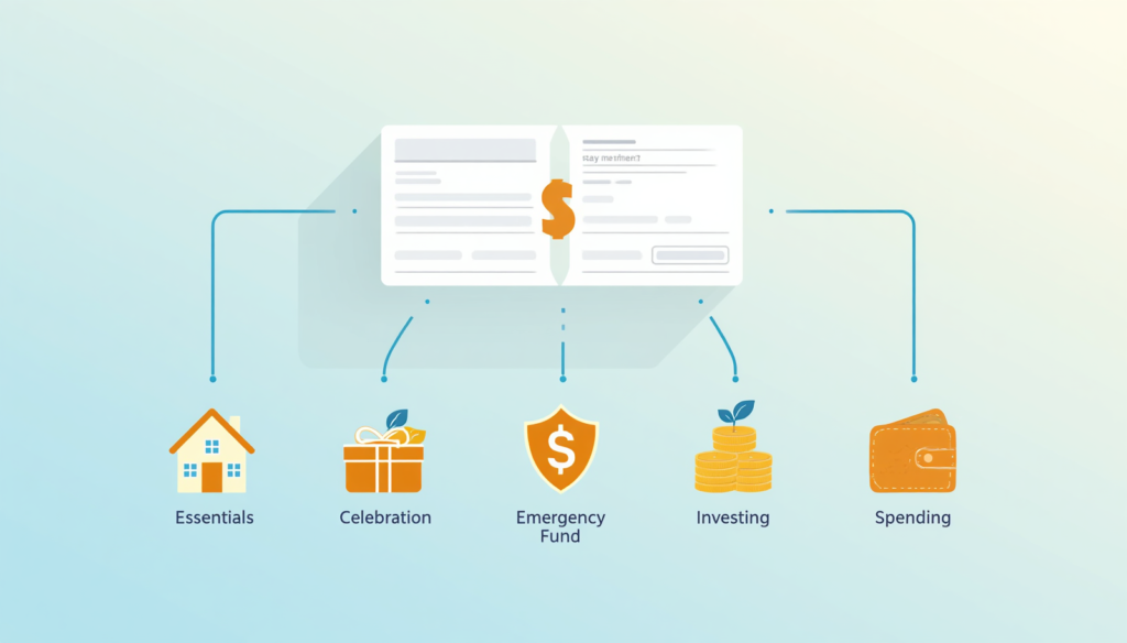 Paycheck splitting into five streams flowing to essentials, celebration, emergency, investing, and spending icons