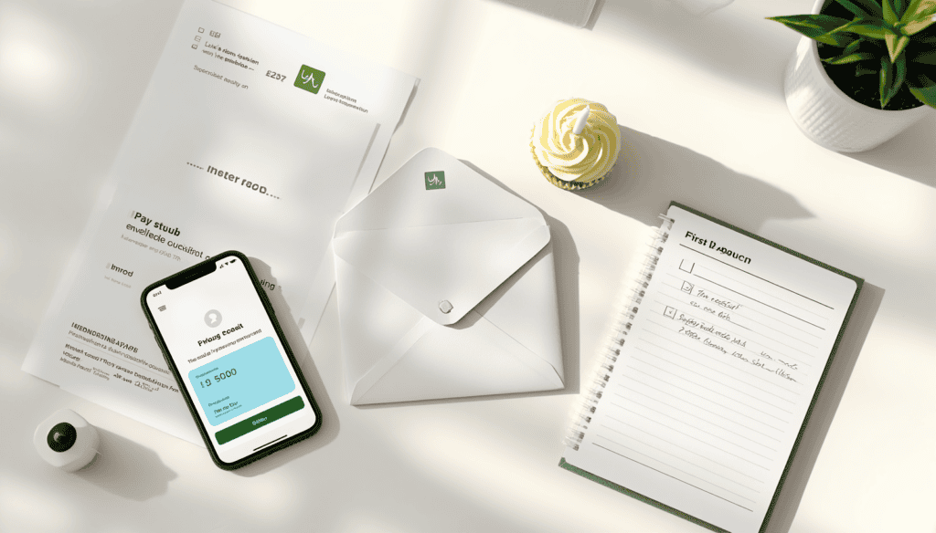 Clean desk with paycheck envelope, banking app showing deposit, celebratory cupcake, and financial checklist