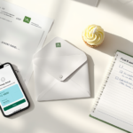 Clean desk with paycheck envelope, banking app showing deposit, celebratory cupcake, and financial checklist