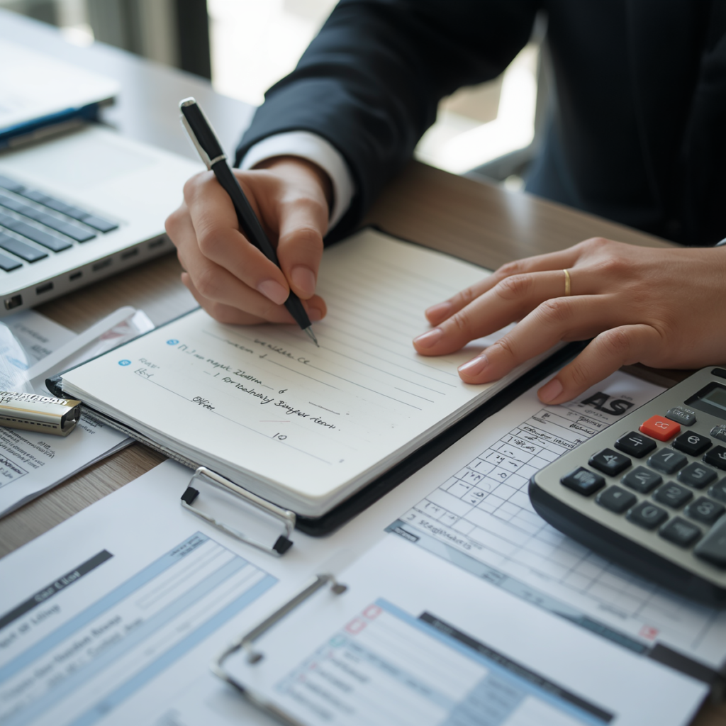 Hands writing in notebook with calculator and financial papers on table
