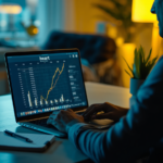 Person working on laptop with financial charts in modern home office with indigo and yellow lighting