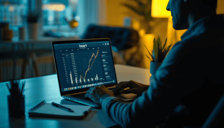 Person working on laptop with financial charts in modern home office with indigo and yellow lighting