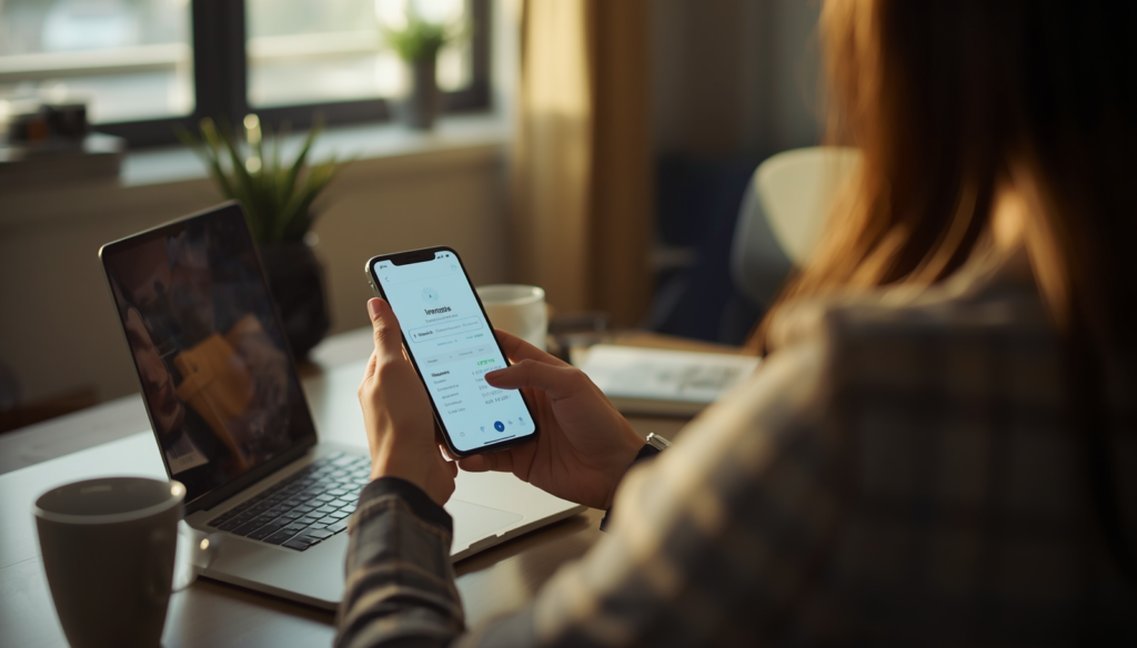 Person at desk viewing investment app in warm home office