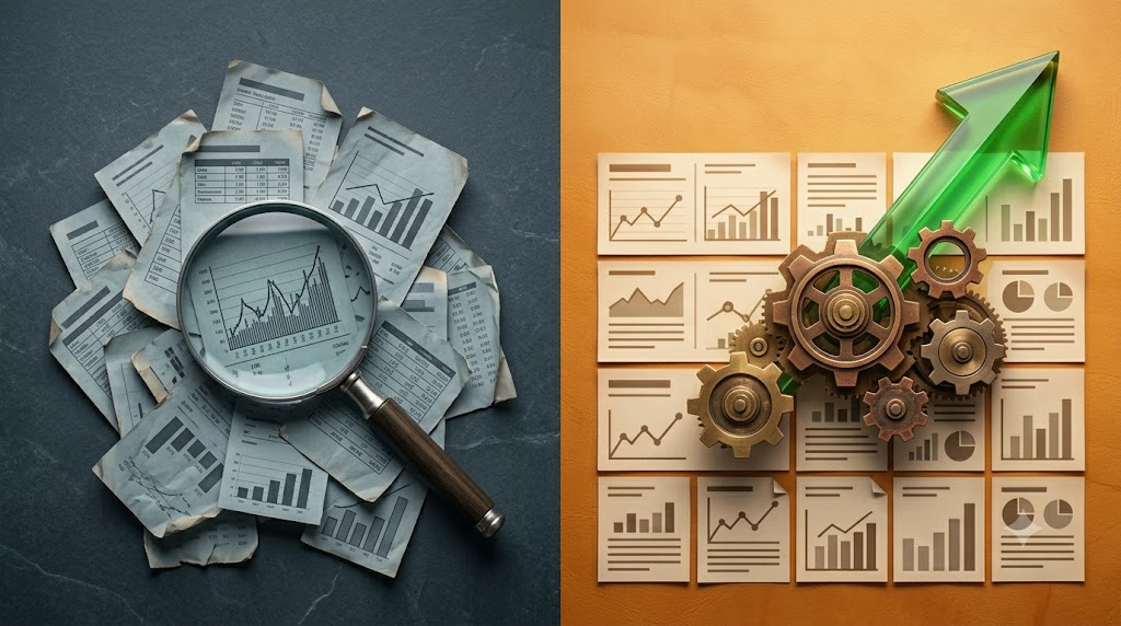 Illustration showing messy finances on day 1 transformed into an organized automated system on day 2