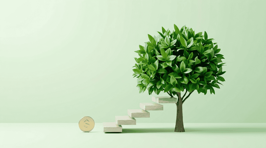 Small coin beside lush green money tree on minimal white surface