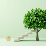 Small coin beside lush green money tree on minimal white surface