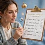 Person checking off items on a financial checklist surrounded by icons representing income, debt, savings, and credit, representing a financial life audit checklist