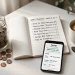 Notebook with a habit tracker checklist next to a coin jar and savings app, representing money saving habits that actually work