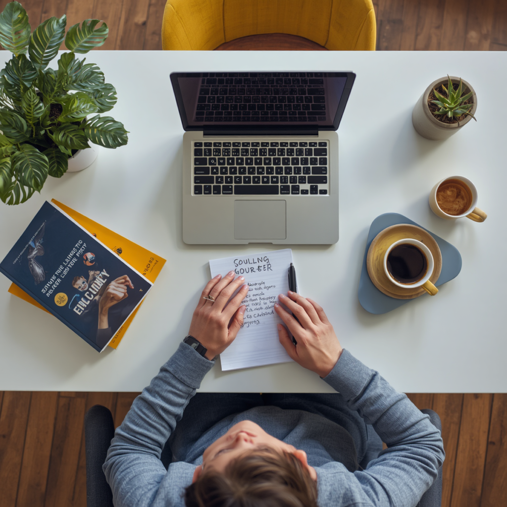 Overhead view of person working on laptop with business books, income goals notebook, and coffee on white desk