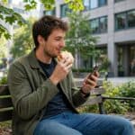 Full-time employee taking a lunch break outside, representing building digital income around a busy work schedule