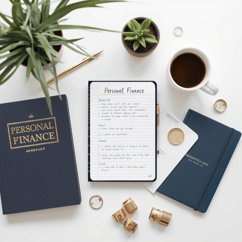 Overhead view of finance books, tablet with budget notes, coffee, and plants on white desk