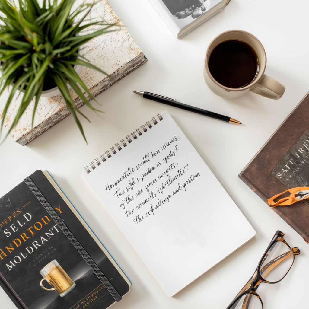 Overhead view of self-improvement books, journal with handwritten goals, coffee, and plant on white desk