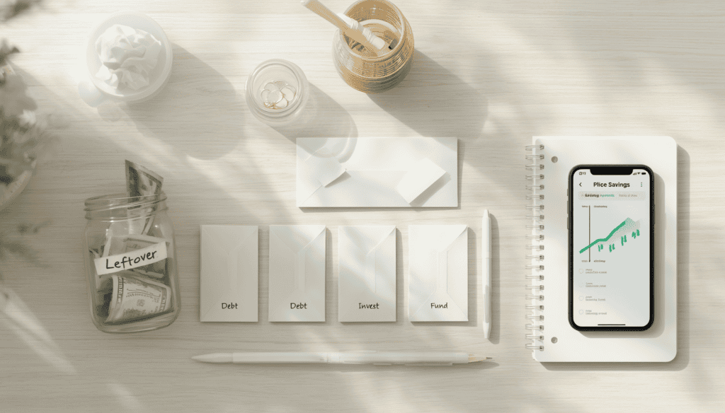 Flat-lay of labeled savings jars, cash, smartphone with savings graph, and checklist on wooden desk
