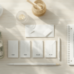Flat-lay of labeled savings jars, cash, smartphone with savings graph, and checklist on wooden desk