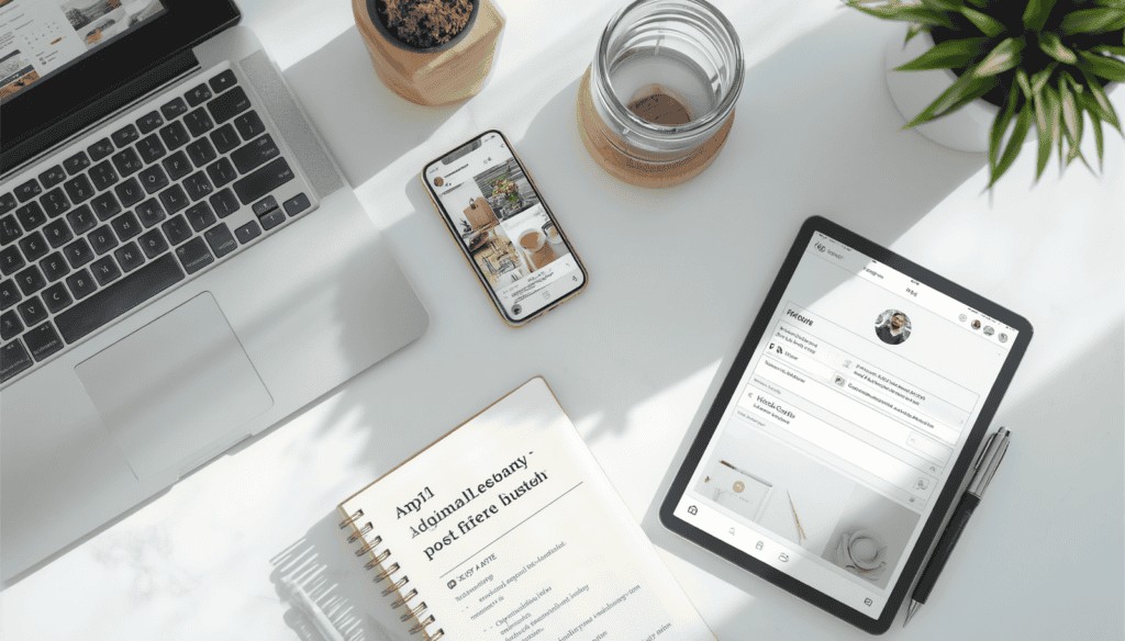 Laptop showing a social media content calendar beside a phone with post previews and a design tablet, representing an AI social media management side hustle