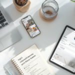 Laptop showing a social media content calendar beside a phone with post previews and a design tablet, representing an AI social media management side hustle