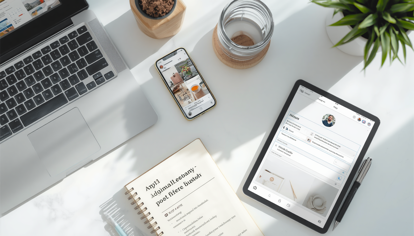 Laptop showing a social media content calendar beside a phone with post previews and a design tablet, representing an AI social media management side hustle