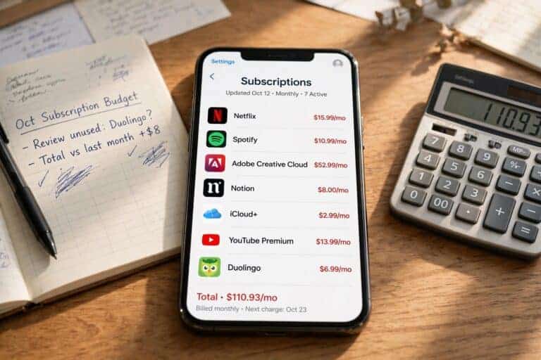 Smartphone showing a list of subscription charges next to a notebook and calculator, representing a subscription audit