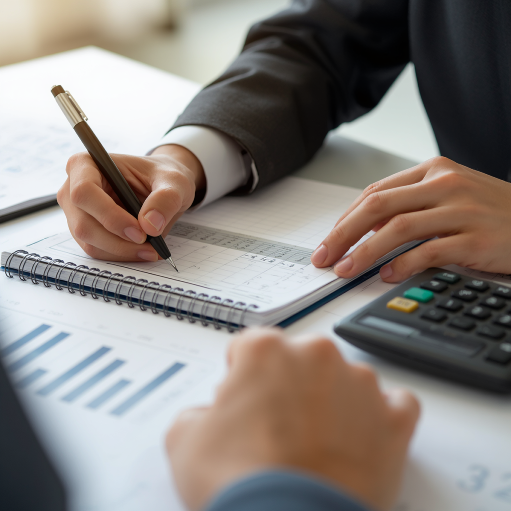 Two hands at table, one writing in notebook with calculator nearby