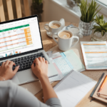 Laptop with budget spreadsheet, bank statements, highlighter, and checklist notebook on a kitchen table for a weekend financial reset