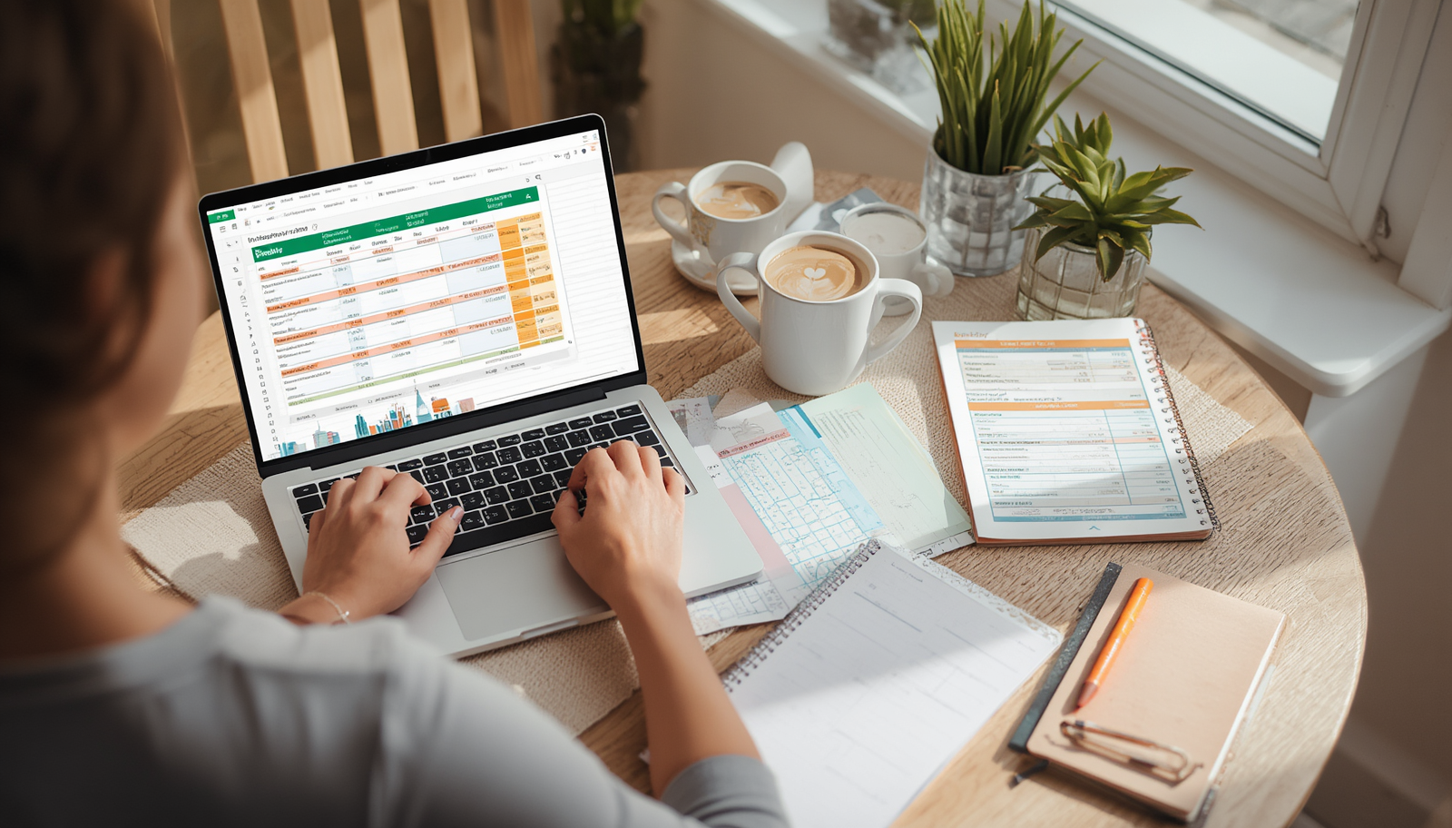 Laptop with budget spreadsheet, bank statements, highlighter, and checklist notebook on a kitchen table for a weekend financial reset