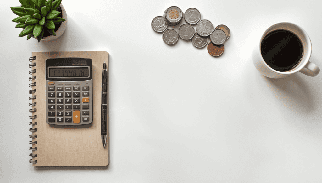 Notebook, calculator, coins, plant, and coffee on white desk.