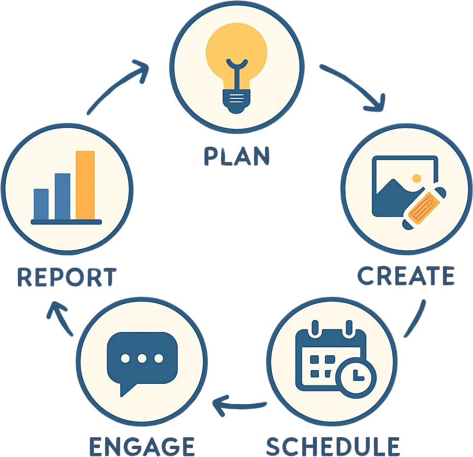 Circular workflow diagram showing the plan, create, schedule, engage, and report cycle for an AI-powered social media management side hustle