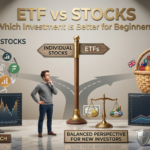 Financial advisor at crossroads between individual stocks and ETF diversification, with charts and balanced scales showing investment options for beginners.