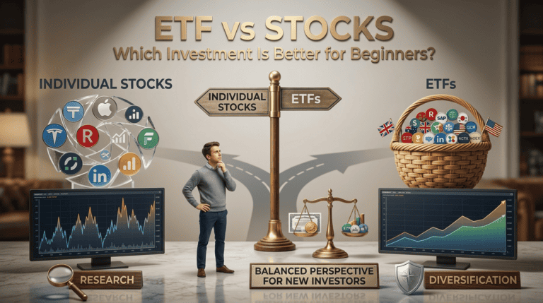 Financial advisor at crossroads between individual stocks and ETF diversification, with charts and balanced scales showing investment options for beginners.