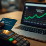 Hands processing card payment on terminal beside laptop showing financial analytics charts