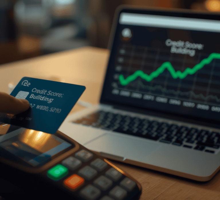 Hands processing card payment on terminal beside laptop showing financial analytics charts
