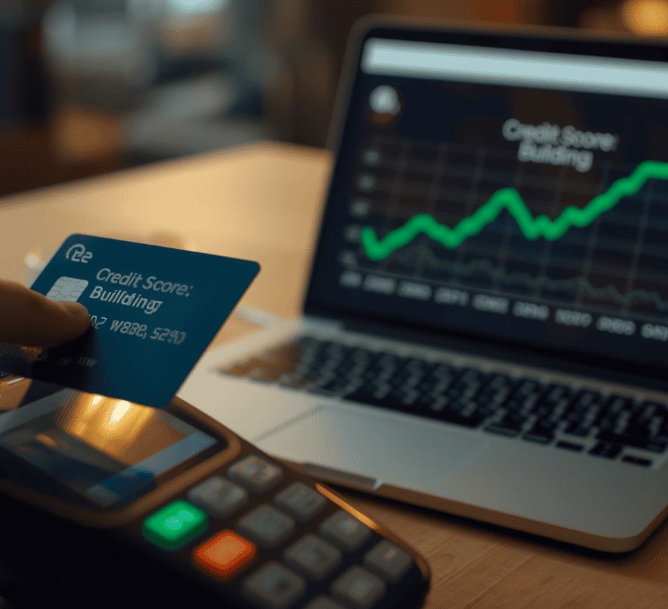 Hands processing card payment on terminal beside laptop showing financial analytics charts