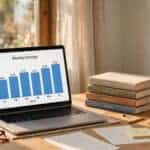 Laptop showing monthly royalty earnings next to a stack of self-published books, representing whether self-publishing is passive income