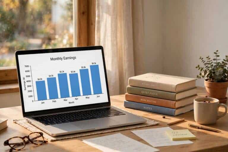 Laptop showing monthly royalty earnings next to a stack of self-published books, representing whether self-publishing is passive income