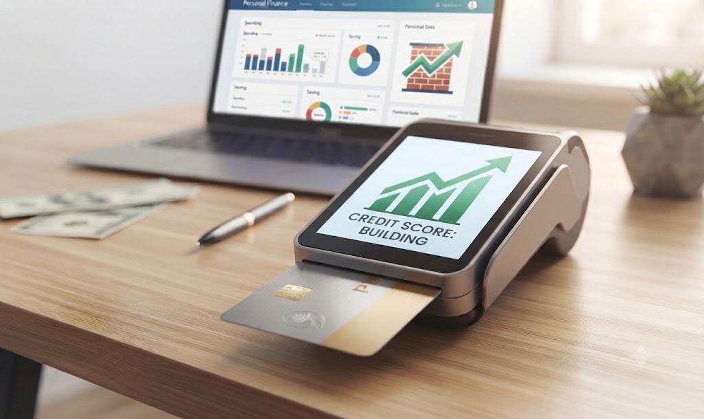 A credit card reader displaying a green upward trend, indicating a rising credit score.