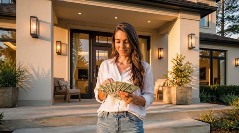 Person standing in front of a dream home holding cash, representing the financial success that comes with building income online