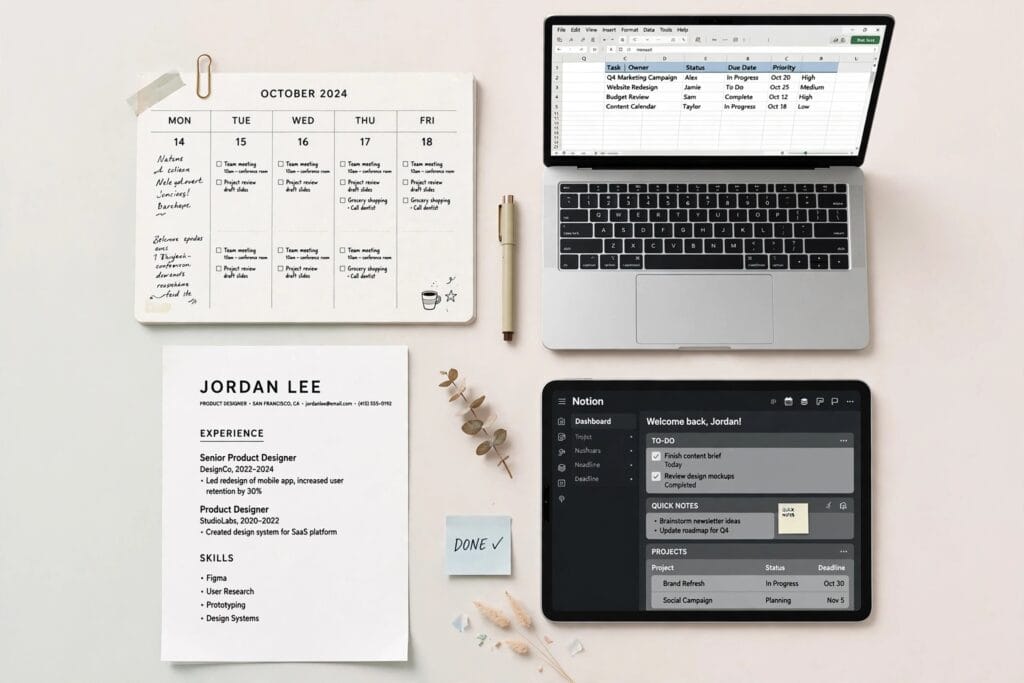 Tablet showing a Notion dashboard template next to a laptop with Canva open, representing how to sell digital templates online