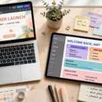 Tablet showing a Notion dashboard template next to a laptop with Canva open, representing how to sell digital templates online
