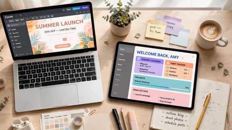 Tablet showing a Notion dashboard template next to a laptop with Canva open, representing how to sell digital templates online