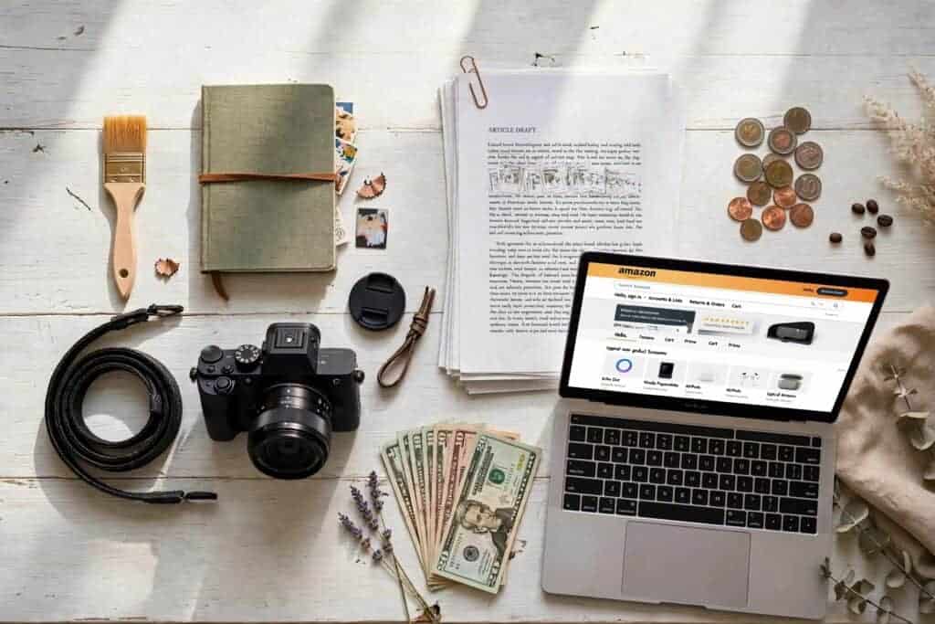 Flat-lay of creative tools representing different online income ideas like writing, design, and photography