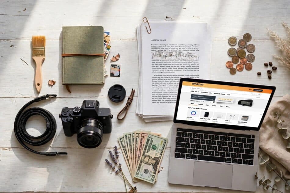 Flat-lay of creative tools representing different online income ideas like writing, design, and photography