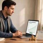 A man in a laptop showing dividend portfolio growth chart next to coins and a quarterly calendar, representing dividend investing for beginners