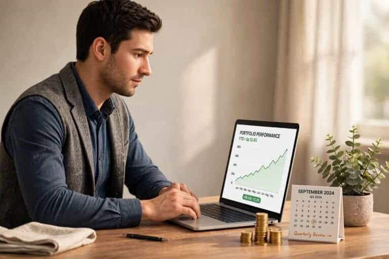 A man in a laptop showing dividend portfolio growth chart next to coins and a quarterly calendar, representing dividend investing for beginners