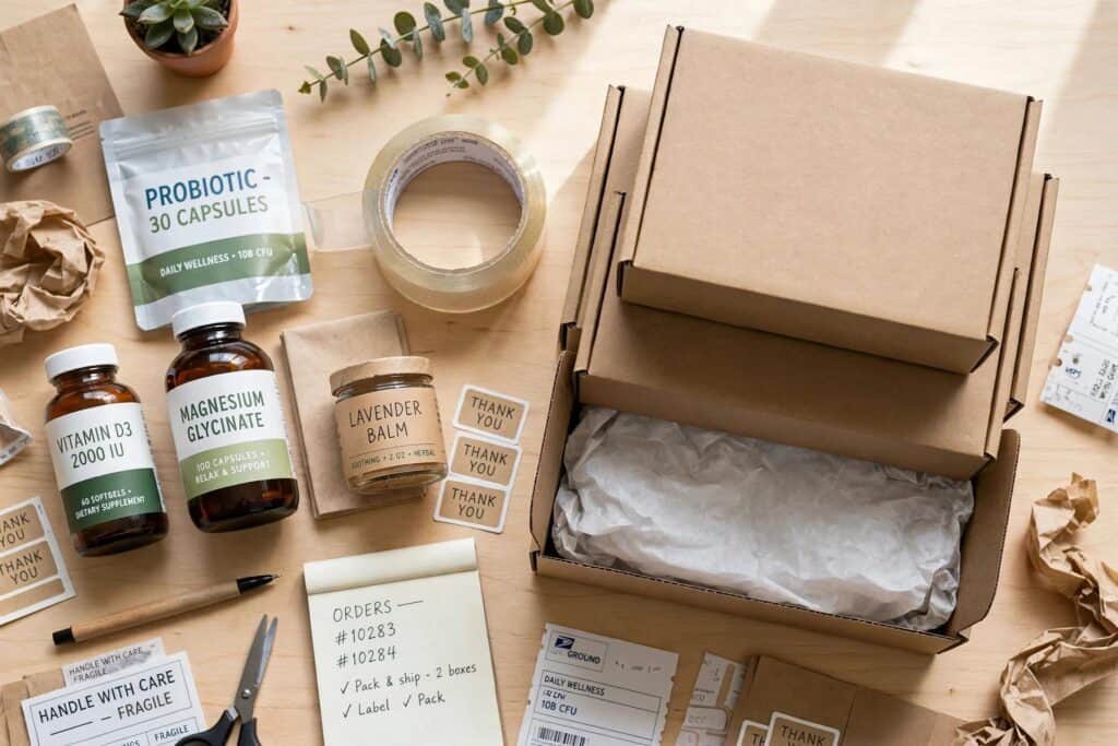 Neatly organized packing station with shipping boxes and products ready for dropshipping fulfillment
