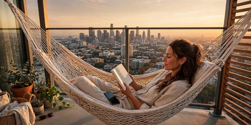 Person relaxing on a balcony hammock, representing the freedom and flexibility of earning income online